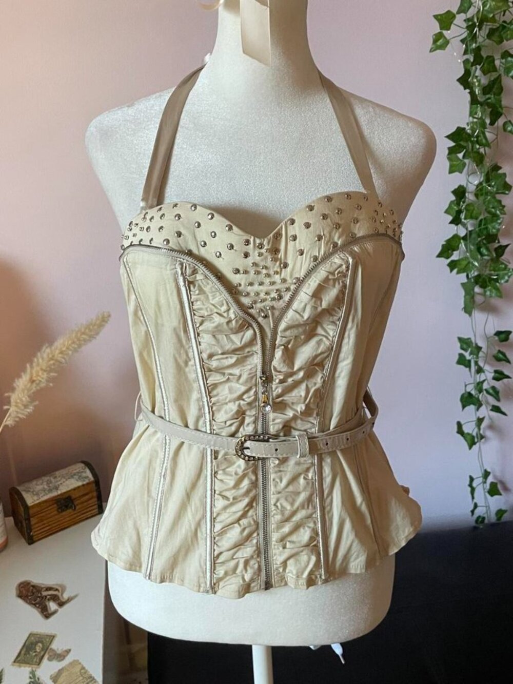 Y2K Cream Studded Halter Corset Top